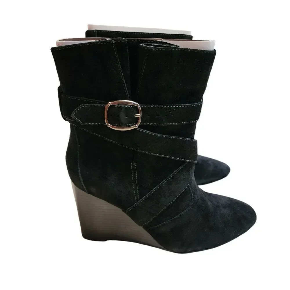 New Colin Stuart Women Black Leather Suede Belt Loop Booties Wedge Heel Size 8 B
